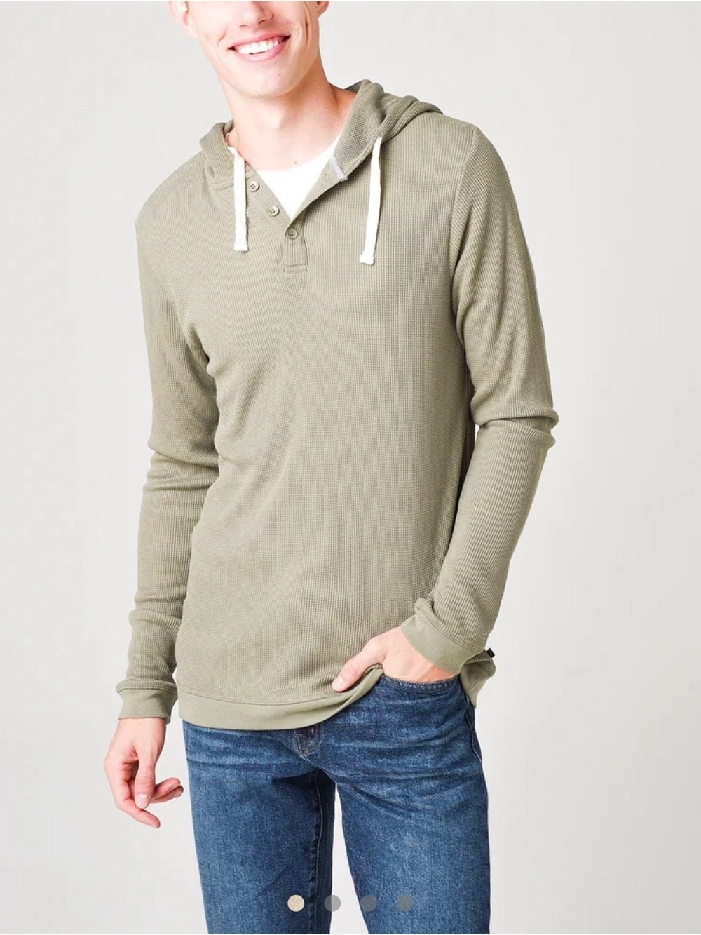 Free Fly Bamboo Waffle Hoody Gray Teal Mens Large Henley Lightweight Long Sleeve